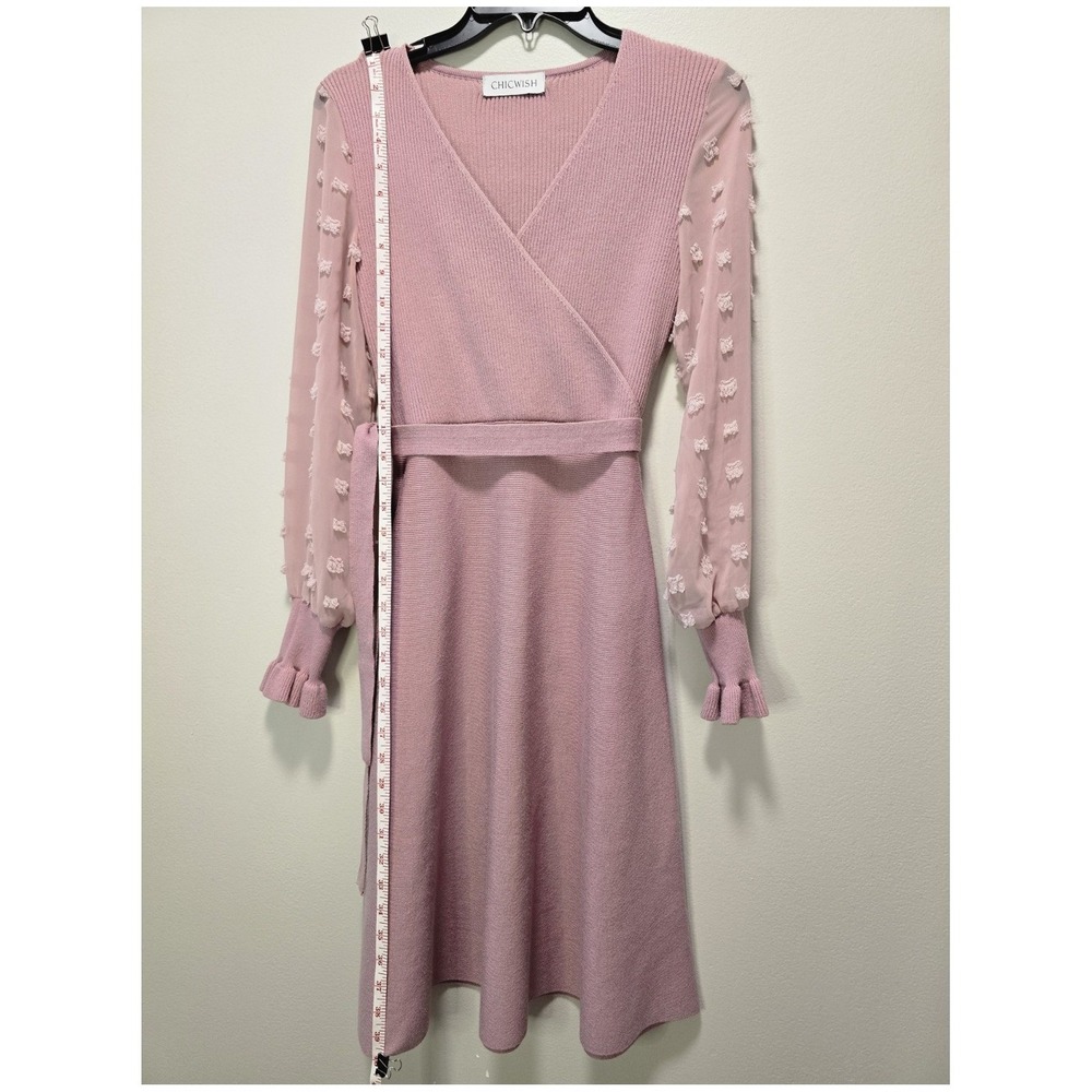 Chicwish Wrap Knit Dress Blush Pink Long Sleeve Dot Mesh Sleeve Fit & Flare M - Picture 11 of 11